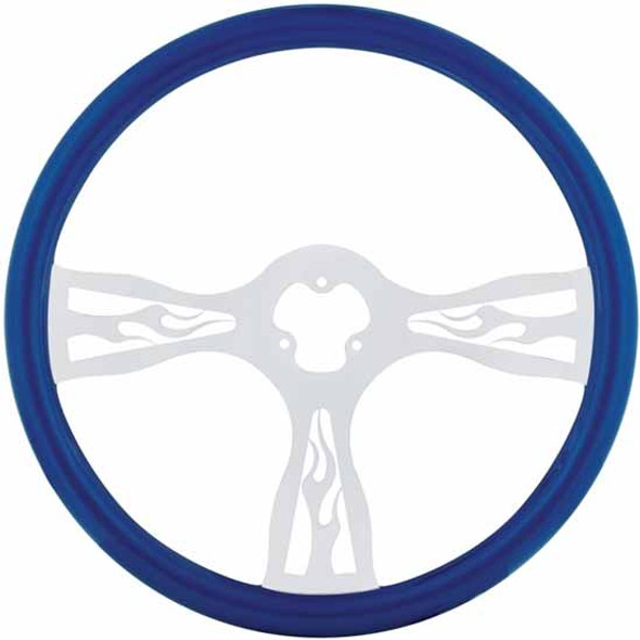 18 Inch Blue Wood Steering Wheel Kit W/ 3 Chrome Spoke With Flame Cutouts Fits Peterbilt 1993-1998 18 Inch Blue Wood Steering Wheel Kit W/ 3 Chrome Spoke With Flame Cutouts Fits Peterbilt 1993-1998
