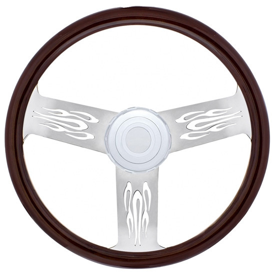 18 Inch Wood Steering Wheel Kit W/ 3 Chrome Spoke With Firestorm Cutouts Fits Kenworth 2001-2002