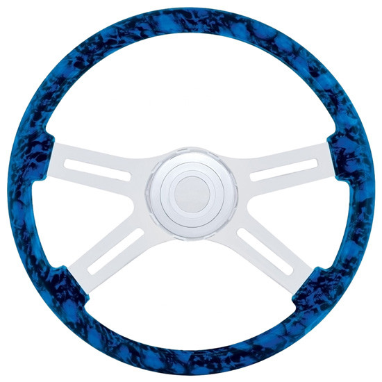 18 Inch Black & Blue Skull Hydro Dip Steering Wheel Kit W/ 4 Chrome Spoke With Blade Cutouts Fits Kenworth 2003-2013