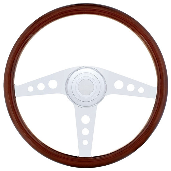 18 Inch GT Wood Steering Wheel Kit W/ 3 Chrome Spoke With Circle Cutouts Fits Kenworth 1997-2001