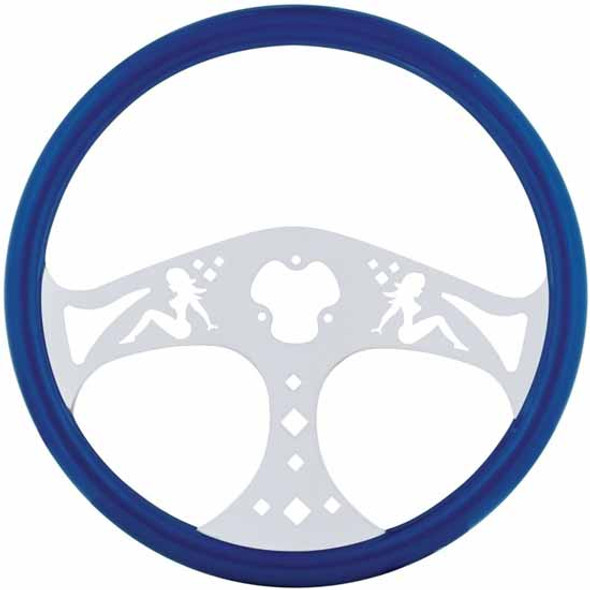 18 Inch Blue Wood Steering Wheel Kit W/ 3 Chrome Spoke With Lady Cutouts Fits Kenworth 2003-2013