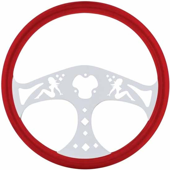 18 Inch Red Wood Steering Wheel Kit W/ 3 Chrome Spoke With Lady Cutouts Fits Kenworth 2001-2002