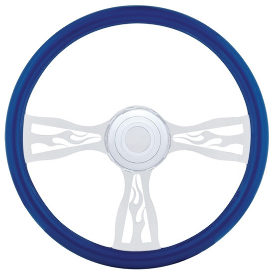 18 Inch Blue Wood Steering Wheel Kit W/ 3 Chrome Spoke With Flame Cutouts Fits Kenworth 1995-1997