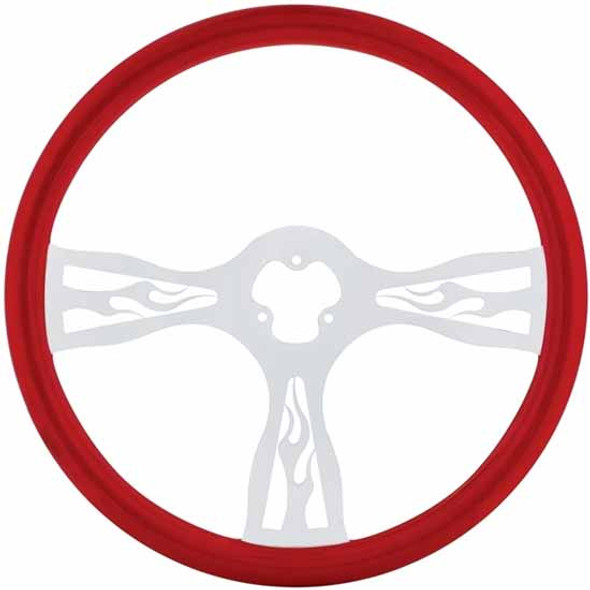 18 Inch Red Wood Steering Wheel Kit W/ 3 Chrome Spoke With Flame Cutouts Fits Kenworth 1995-1997