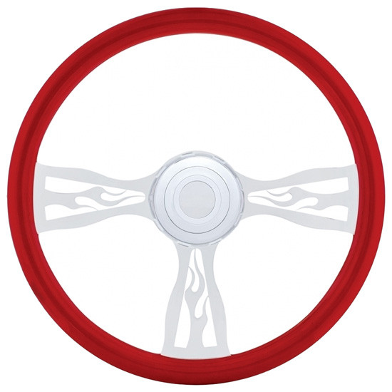 18 Inch Red Wood Steering Wheel Kit W/ 3 Chrome Spoke With Flame Cutouts Fits Kenworth 2001-2002