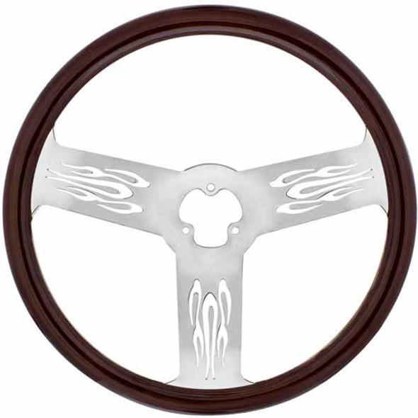 18 Inch Wood Steering Wheel Kit W/ 3 Chrome Spoke With Firestorm Cutouts Fits Freightliner 1989-2006 18 Inch Wood Steering Wheel Kit W/ 3 Chrome Spoke With Firestorm Cutouts Fits Freightliner 1989-2006