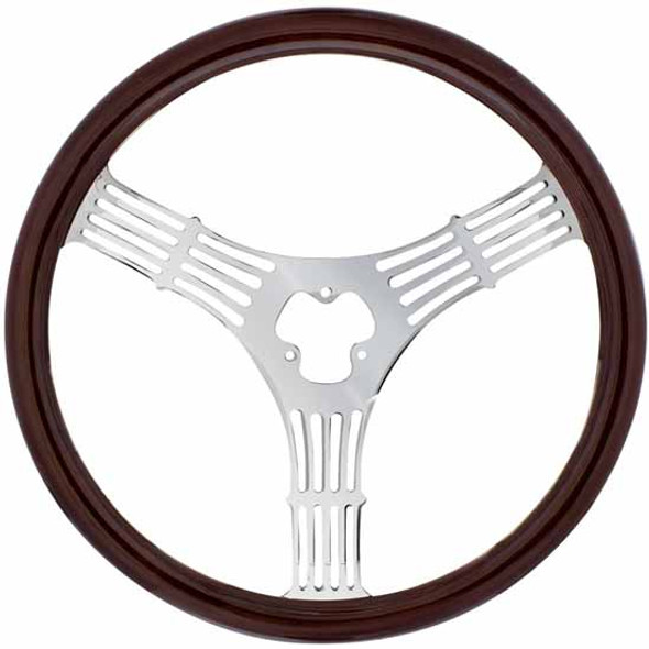 18 Inch Wood Steering Wheel Kit W/ 3 Chrome Spoke With Banjo Cutouts Fits Freightliner 1989-2006 18 Inch Wood Steering Wheel Kit W/ 3 Chrome Spoke With Banjo Cutouts Fits Freightliner 1989-2006