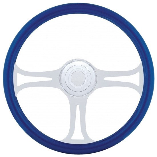 18 Inch Blue Wood Steering Wheel Kit W/ 3 Chrome Spoke With Blade Cutouts Fits Freightliner 1989-2006