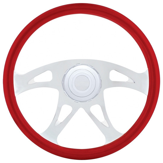 18 Inch Boss Red Wood Steering Wheel Kit W/ 4 Chrome Spoke With Triangle Cutouts Fits Freightliner 1989-2006