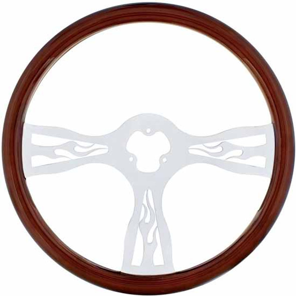 18 Inch Wood Steering Wheel Kit W/ 3 Chrome Spoke With Flame Cutouts Fits Freightliner 1989-2006