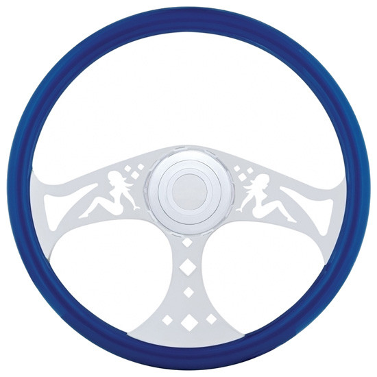 18 Inch Blue Wood Steering Wheel Kit W/ 3 Chrome Spoke With Lady Cutouts Fits Freightliner 1989-2006