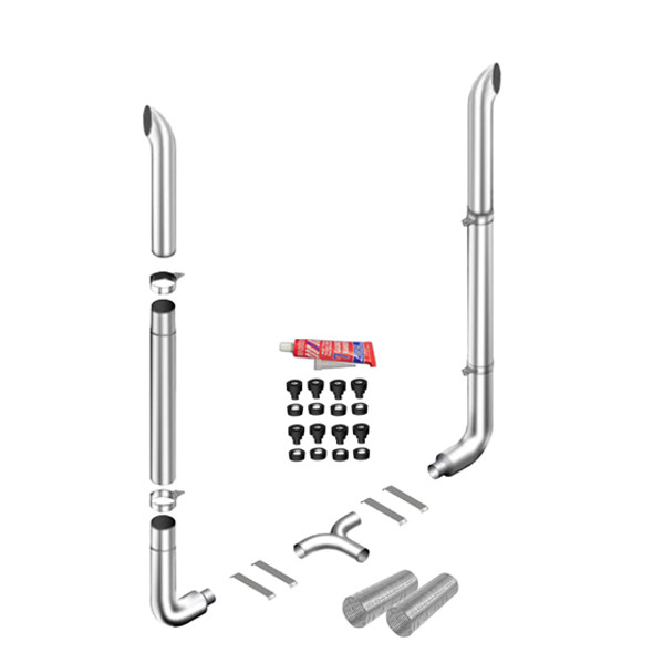 7 X 118 Inch Curve Turn Exhaust Kit W/ 7-5 Inch Long Drop Elbows, 5 Inch Aluminized Tee, 55 Inch Center Spool & W/ Out Cab Brackets By Lincoln Chrome Fits Peterbilt 359