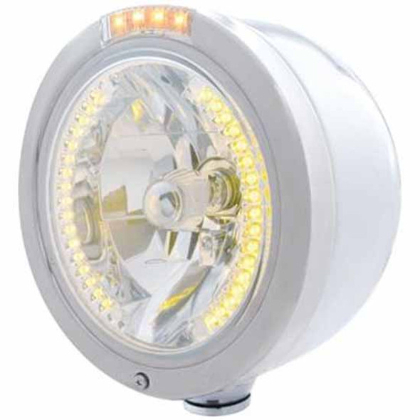Stainless Bullet Half Moon Headlight W/ H4 Bulb, 34 Diode Amber Position Light, 4 Diode Amber/Clear LED Turn Signal Stainless Bullet Half Moon Headlight W/ H4 Bulb, 34 Diode Amber Position Light, 4 Diode Amber/Clear LED Turn Signal