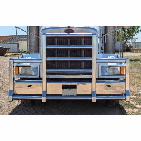 Peterbilt 385 Truck Defender Foreman Polished Grille Guard W/ 2 Inch Pipes & Marker Light Bar