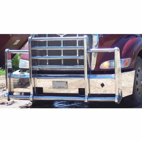 Peterbilt 387 Truck Defender Foreman Polished Grille Guard W/ 3 Inch Pipes & Marker Light Bar