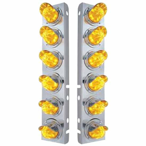 304 SS Front Air Cleaner Panels W/ Six 11 LED Watermelon Lights & Visors - Amber LED/ Amber Lens For Peterbilt 378, 379