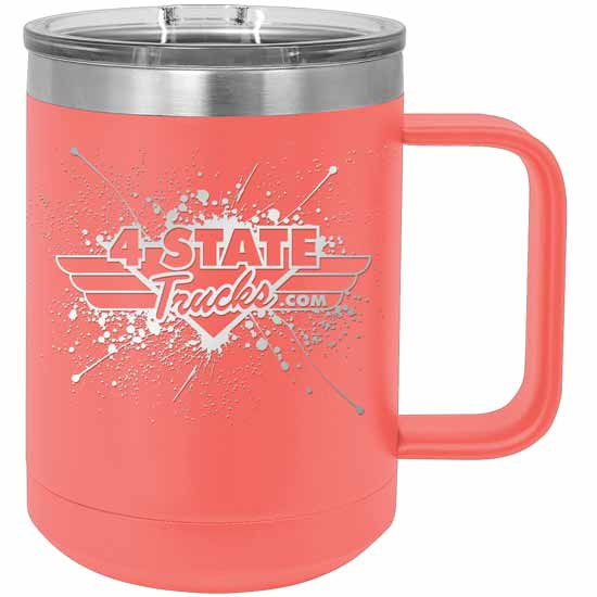 4 State Trucks 15 Oz Stainless Steel Coffee Mug With Handle And Lid - Coral