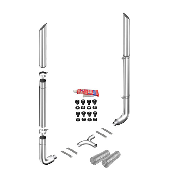 LC 7 X 118 Chrome Miter Cut Exhaust Kit W/ 7-5 Inch Long Drop Elbows, 5 Inch Chrome Tee & 55 Inch Quiet Spool Fits Peterbilt 359