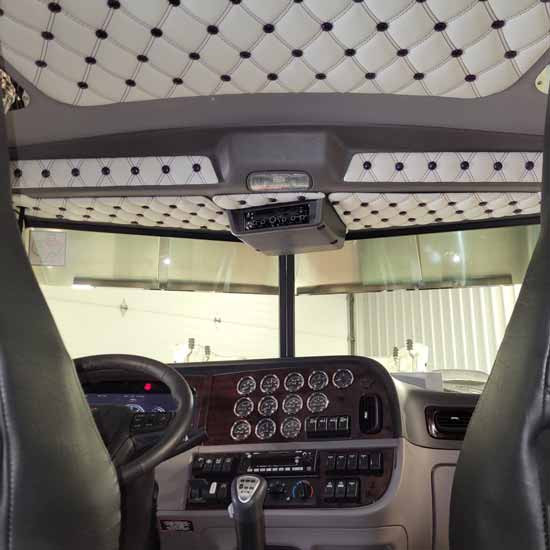 Ez Pete Flat Top Header Trim Panel Set With Sapphire Blue Back Panel, Polar White Buttons And White Double Stitch Thread For Peterbilt 389