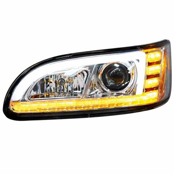 Chrome Projection Headlight W/ LED Sequential Turn & DRL - Driver Side -  For Peterbilt 335, 337, 340, 348, 384, 386, 387