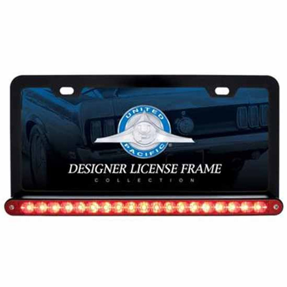 Black License Plate Frame W/19 Led 12 Inch Reflector Light Bar - Red Led/ Red Lens