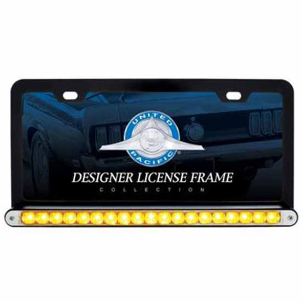 Black License Plate Frame W/19 Led 12 Inch Reflector Light Bar - Amber Led/ Clear Lens