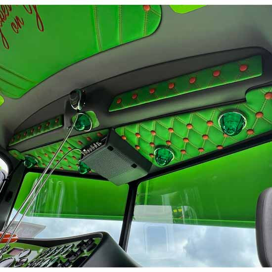 Ez Pete Flat Top Header Trim Panel Set With Cashmere Cream Back Panel, Hollywood Gold Buttons And Dark Brown Double Stitch Thread For Peterbilt 389