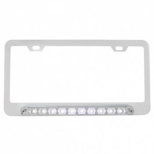 Chrome License Plate Frame W/10 LED 9 Inch Light Bar - White LED / Clear Lens