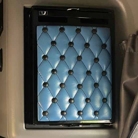 Ez Pete Small Refrigerator Door Cover With Grey Back Panel, Sapphire Blue Buttons And King Blue Single Stitch Thread For Peterbilt 389