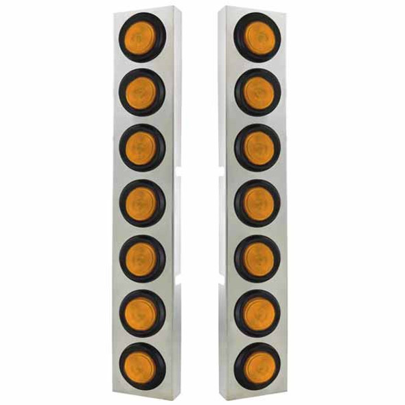 Stainless Steel Front Air Cleaner Bracket W/ 12 Rnd 2 Inch Flat Lights & Rubber Grommets - Amber LED / Amber Lens For Kenworth W900 - Pair
