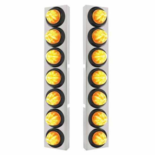 Stainless Steel Front Air Cleaner Bracket W/ 9 LED 2 Inch Beehive Lights & Rubber Grommets - Amber LED / Amber Lens For Kenworth W900 - Pair