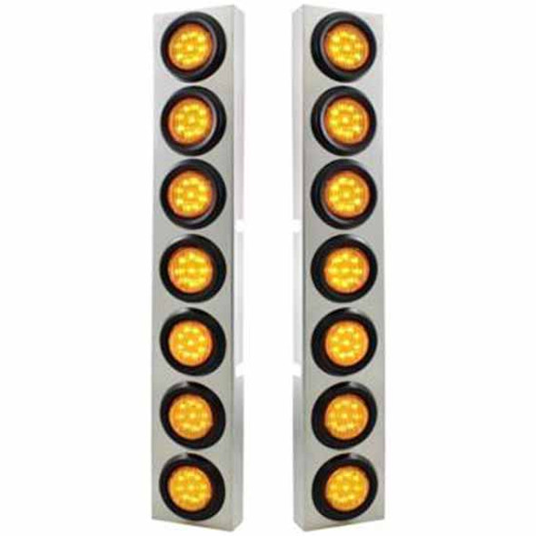 304 Stainless Steel Front Air Cleaner Bracket W/ 14 X 9 LED 2 Inch Round Flat Lights & Rubber Grommets - Amber LED / Amber Lens For Kenworth W900 - Pair