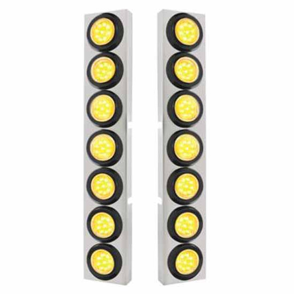 304 Stainless Steel Front Air Cleaner Bracket W/ 14 X 9 LED 2 Inch Round Flat Lights & Rubber Grommets - Amber LED / Clear Lens For Kenworth W900 - Pair