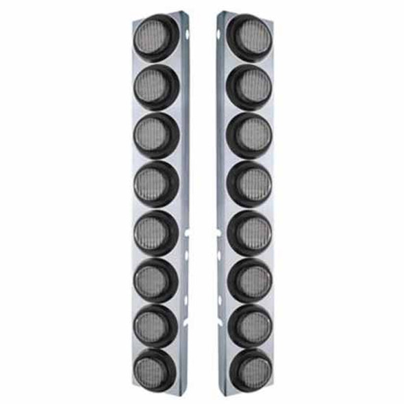 Stainless Steel Front Air Cleaner Bracket W/ 8 X 9 Round 2 Inch LEDs & Rubber Grommets - Amber LED / Clear Lens -  For Peterbilt 378, 379 - Pair