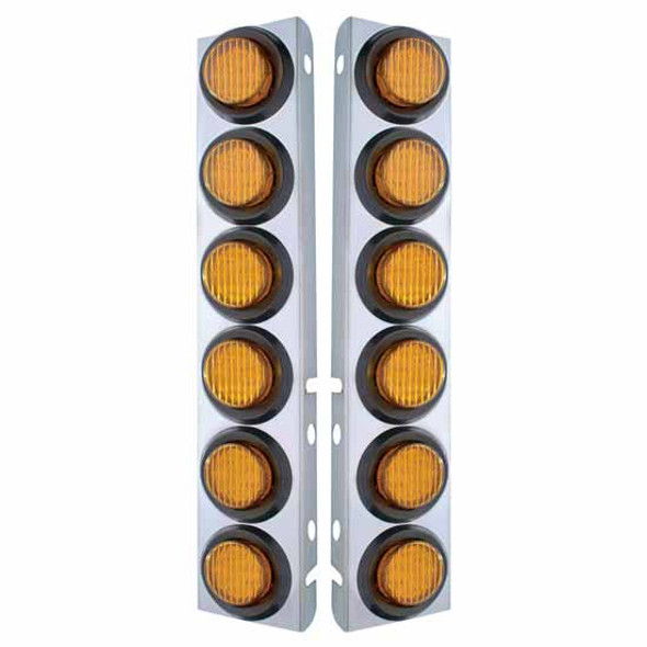 Stainless Steel Front Air Cleaner Bracket W/ 2 Inch Round Lights & Rubber Grommets - Amber LED / Amber Lens -  For Peterbilt 378, 379 - Pair