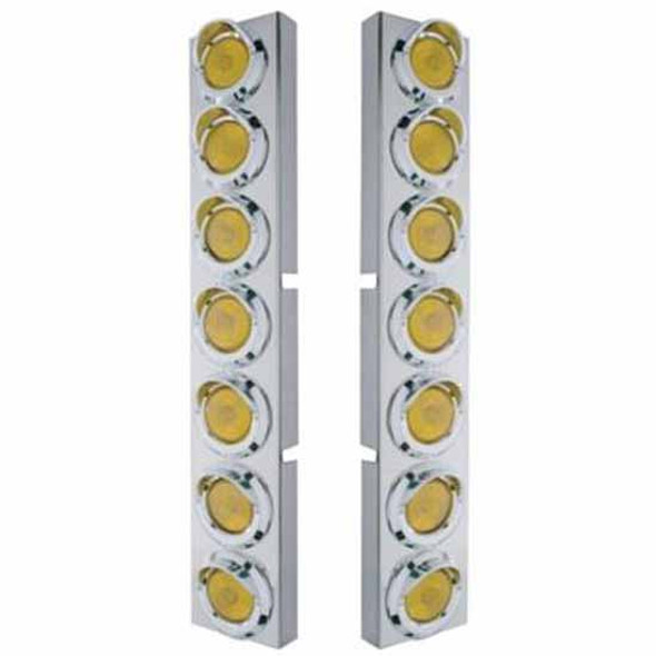 304 Stainless Steel Front Air Cleaner Bracket W/ 14 Rnd 2 Inch Flat Lights & Visors - Amber LED / Amber Lens For Kenworth W900 - Pair