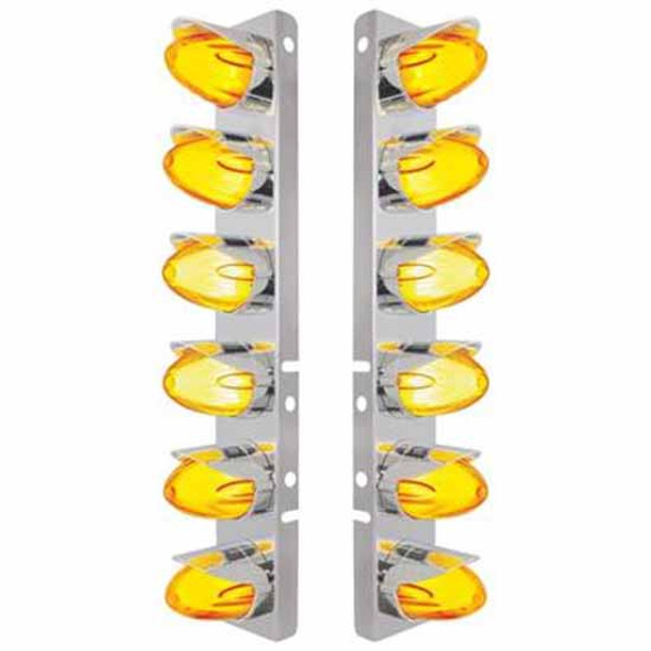 304 SS Front Air Cleaner Bracket W/12 Hi/Lo LED GLO Watermelon Grakon Lights -Amber LED / Amber Lens -  For Peterbilt 378, 379 - Pair