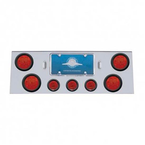 34 Inch SS Rear Center Light Panel W/ 4X 7 LED 4 In. & 3X 13 LED 2.5 In. Reflector Lights & Grommets - Red LED / Red Lens