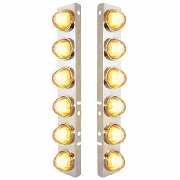 304 SS Front Air Cleaner Bracket W/ 12 Dual Function GLO Watermelon Lights & Bezels - Amber LED / Clear Lens -  For Peterbilt 378, 379 - Pair