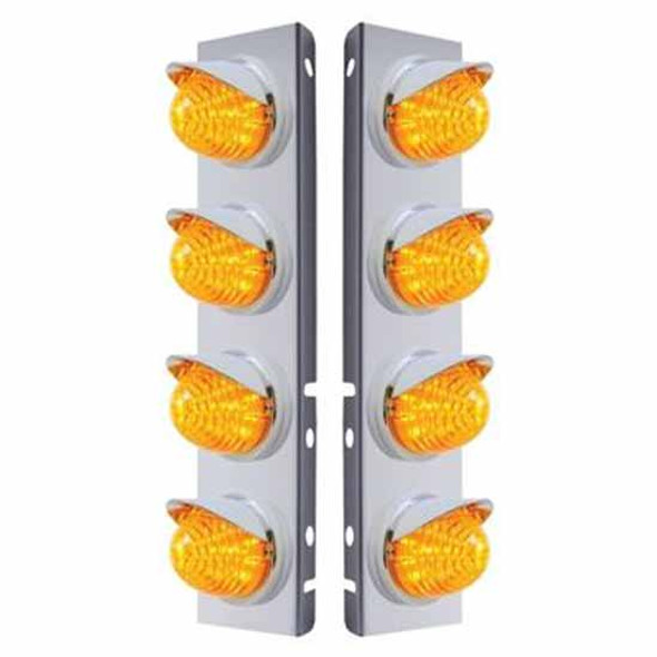 Stainless Steel Front Air Cleaner Bracket W/ Eight 17 LED 2 Inch Beehive Lights & Chrome Visors - Amber LED/ Amber Lens For Peterbilt 378, 379