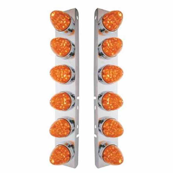 Ss Front Air Cleaner Bracket W/ 12X 19 LED Watermelon Lights & Bezels - Amber Led/ Dark Amber Lens - Pair For Peterbilt 378, 379