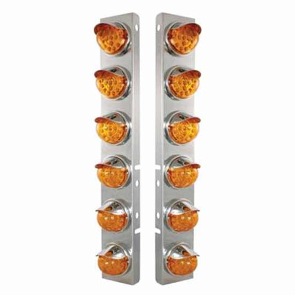 Ss Front Air Cleaner Bracket W/ 12X 17 LED Reflector Lights & SS Visors - Amber Led/ Amber Lens - Pair For Peterbilt 378, 379