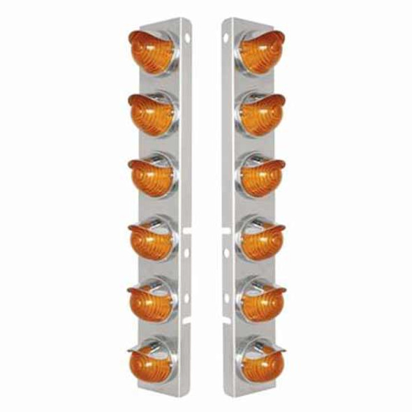 SS Front Air Cleaner Bracket W/ Twelve 17 LED Beehive Lights & Visors - Amber Led/ Amber Lens For Peterbilt 378, 379