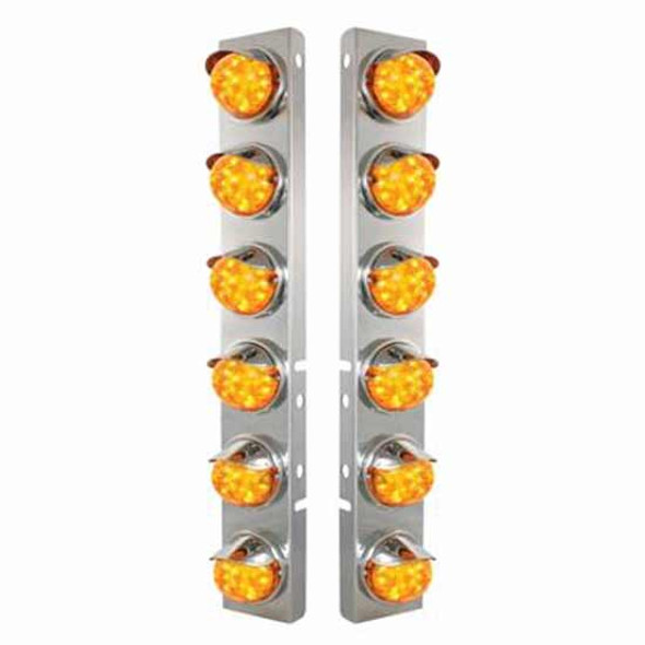 Ss Front Air Cleaner Bracket W/ 12X 17 LED Dual Function Watermelon Lights & SS Visors - Amber Led/ Amber Lens - Pair For Peterbilt 378, 379