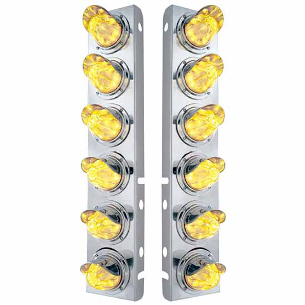 304 SS Front Air Cleaner Bracket W/ Twelve 11 LED Watermelon Lights & Visors - Amber LED/ Clear Lens For Peterbilt 378, 379