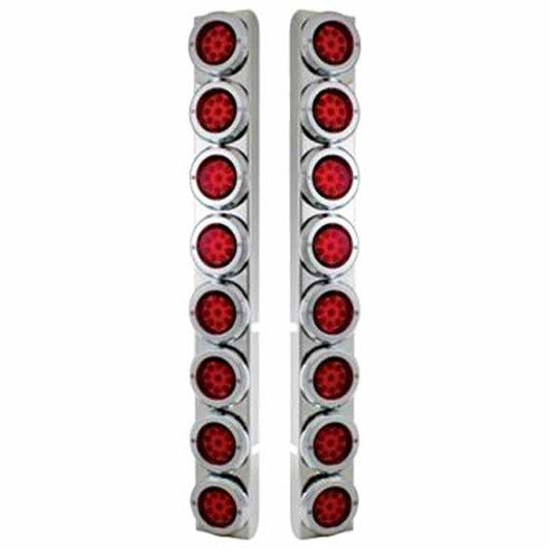 Stainless Steel Rear Air Cleaner Brackets W/ Sixteen 9 LED 2 Inch Reflector Lights & Bezels - Red LED/ Red Lens For Peterbilt 378, 379