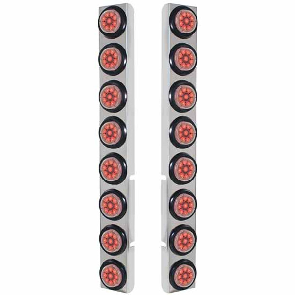 Stainless Steel Rear Air Cleaner Brackets W/ Sixteen 9 LED 2 Inch Reflector Lights & Grommets - Red LED/ Clear Lens For Peterbilt 378, 379