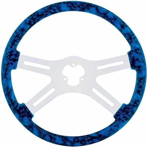 18 Inch Chrome 4 Spoke Blue Skull Steering Wheel Kit W/O Hub