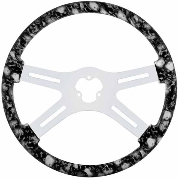 18 Inch Chrome 4 Spoke Black & White Skull Steering Wheel W/O Hub