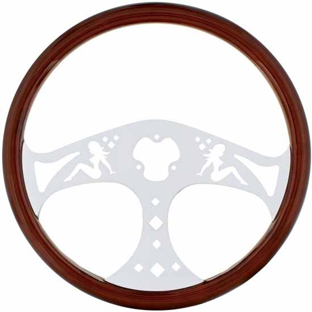 18 Inch Chrome 3 Spoke Lady Cutout Wood Steering Wheel